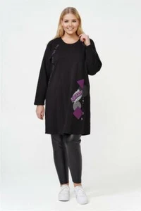 CN-G Tunic Dress Appliques + Trendy Details 48-50-52 3XL Black Lavender - Picture 1 of 5