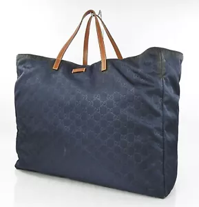 Auth GUCCI Navy GG Nylon and Leather Tote Bag Purse #60705 - Picture 1 of 16