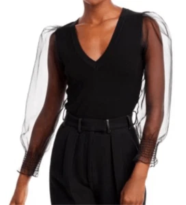 NWT Aqua Black Transparent Puff Sleeve Knit V Neck Blouse Size Small - Picture 1 of 7