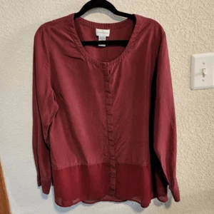 Morbidi Dintorni - Camicetta Peplum in seta bordeaux con bottoni, taglia XL - Foto 1 di 8