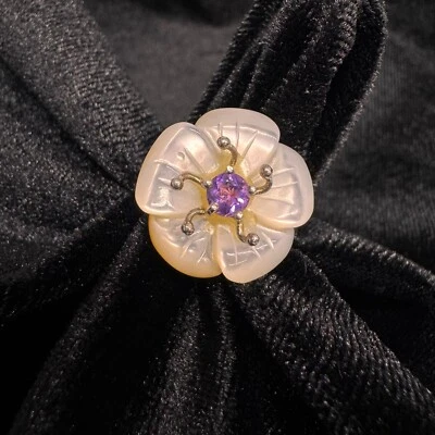 PANDORA - STERLING SILVER MOTHER OF PEARL+AMETHYST FLOWER RING / SIZE 7 - Image 1 of 4