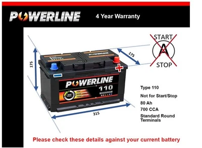 Car Battery 110 Powerline 110 700A 80Ah 4Yr Warranty 315x175x175 - Image 1 of 4