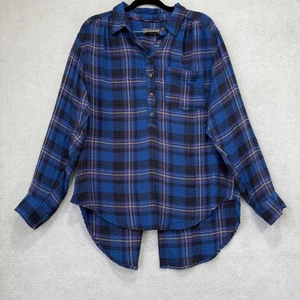 By Anthropologie Shirt Womens Large Blue Plaid Henley Flannel Button Back - Picture 1 of 9