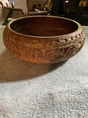 Old Hand Carved Round Wooden Bowl 10 1/2 Round - Image 1 of 4