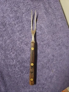 Antike 2 Zinken Fleischtranchiergabel.  12 1/2" Holzgriff, Messingnieten  - Bild 1 von 5