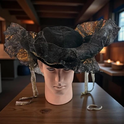 Black Velvet Lace Pirate Tricorn Hat with Gold Trim & Ribbons – Adult Costume - Image 1 of 4