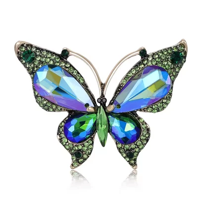 Vintage Butterfly Green Crystal Rhinestone Brooch Silver Insect Pin Summer Gift - Image 1 of 4