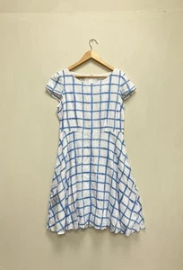 Hobbs Womens Linen Wessex Dress Size UK 12 White Blue Check Kate HRH Holiday - Picture 1 of 9