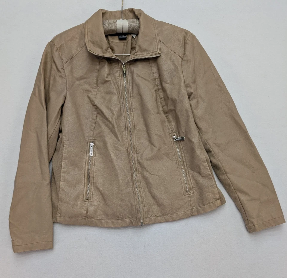 Kenneth Cole Reaction 女式人造皮革夹克 XL 码米色摩托车摩托车 — 第 1/4 张图片