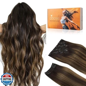 DORES Clip in Extension Capelli Umani, Balayage Marrone Scuro a Marrone Castagno 1 - Foto 1 di 5