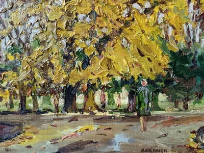 Birkenhead Park Yellow Tree Oil Painting by Keith Gardner Royal Cambrian Academy - Image 1 of 4