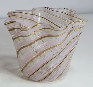 Venetian Glass Handkerchief Vase pink white aventurine latticino 3 inch - Picture 1 of 5