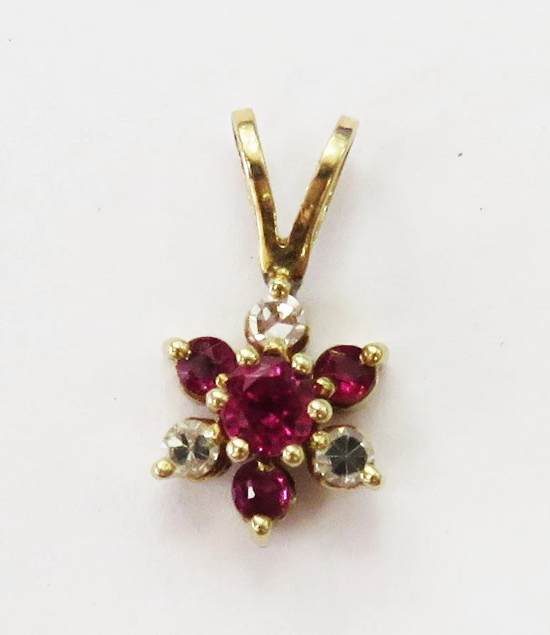 14k Yellow Gold Ruby and Diamond Cluster Charm Necklace Pendant ~ 1.0g - Image 1 of 4