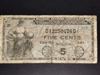 Vintage Military Payment Certificate 5 CENTS Series 481 - FREE SHIPPING - Image 1 of 2