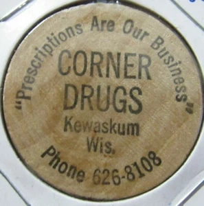 Vintage Corner Drugs Kewaskum, WI Wooden Nickel - Token Wisconsin - Picture 1 of 2