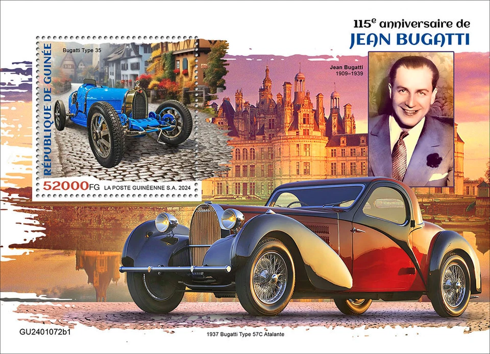 Jean Bugatti 115th Anniversary Cars MNH Stamps 2024 Guinea S/S - Image 1 of 1