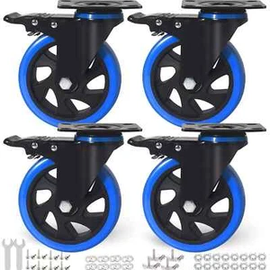 Heavy Duty 5" Caster Wheels w/ Brakes (Blue, 4 Pcs) Brand New in Open Box!! - Picture 1 of 8