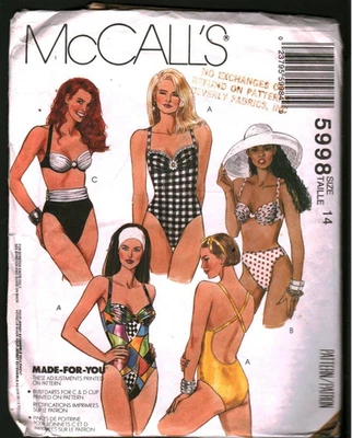5998 Traje de baño vintage McCalls patrón de costura Misses años 90 tejido elástico fuera de uso 14 Foto 1 de 2