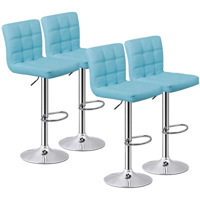 4PCS PU Leather Height Bar Stools Adjustable Swivel Metal Barstools Chairs Blue - Image 1 of 4
