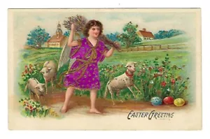 Cartolina pasquale 1907 cherubino in piedi nel campo con pecora in rilievo - Foto 1 di 2