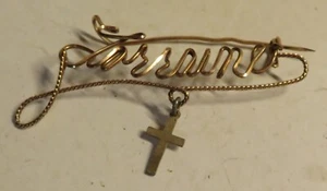 LORRAINE Twisted Metal NAME Pin Vintage 2-3/8" Gold Tone Used Cross Brooch Nice - Picture 1 of 8