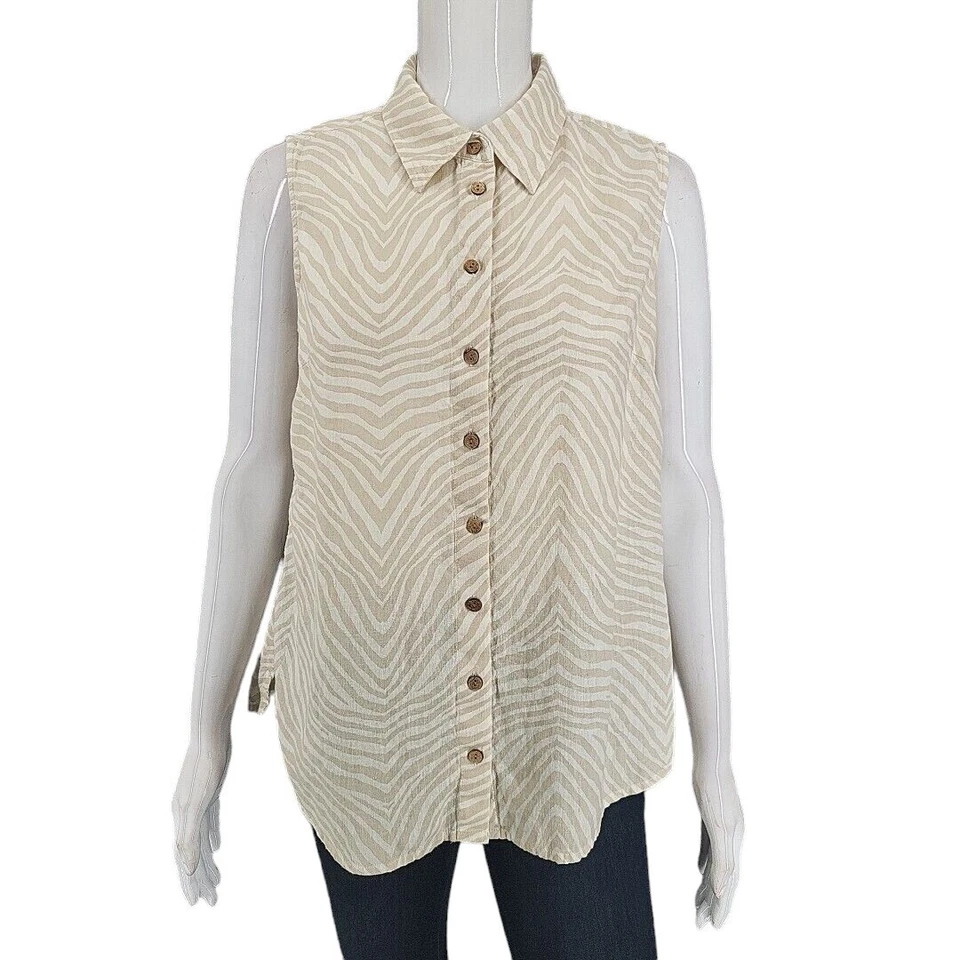 Camiseta Denim Co Naturals estampada sem mangas botão frontal tamanho pequeno bege - Imagem 1 de 4