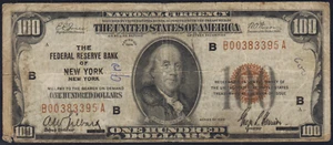 FR.1890-B 1929 New York $100 Federal Reserve Bank Note Pen Torn Corner - Picture 1 of 2