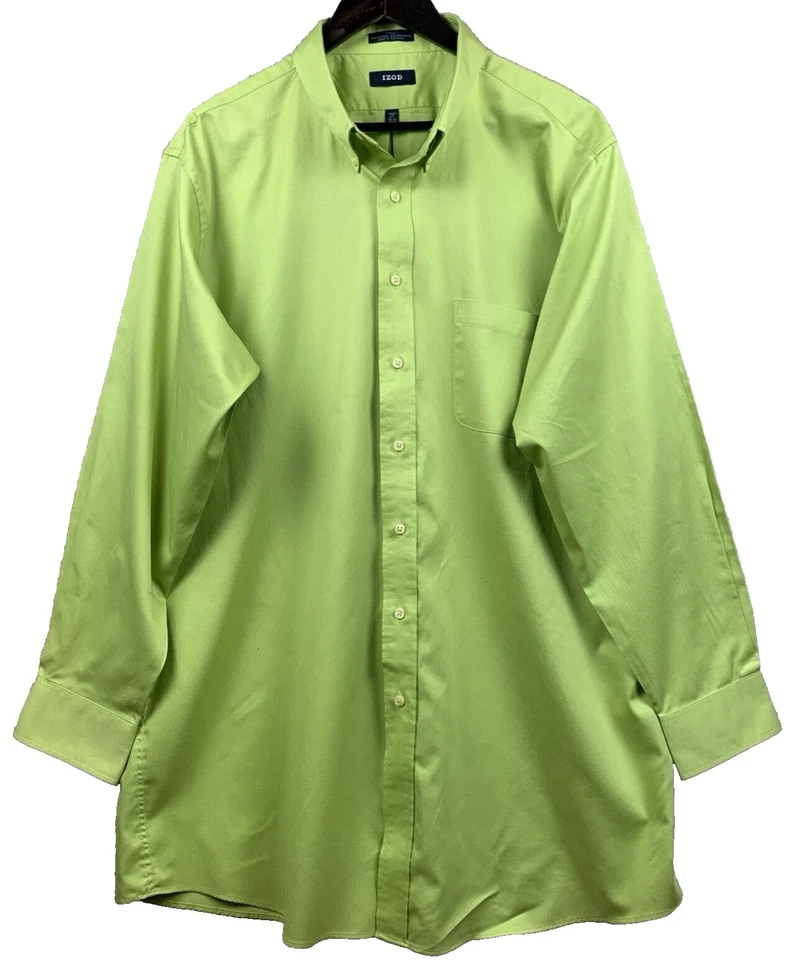 IZOD Button Down Dress Shirt Men's 18 1/2 x 35 / 36 Tall Lime Green Wrinkle Free - Image 1 of 4