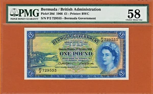 Bermuda 1966 One Pound QEII S/N 729555 Pick-20d Ch Abt UNC PMG 58 - Picture 1 of 2