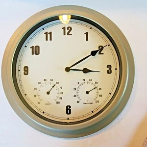 Modern Metal Wall Clock 14" Indoor/Outdoor Urban Temperature & Humidity Gauges - Picture 1 of 7
