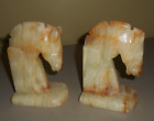 Vintage Onyx Beige Brown Hand Carved Horse Heads Bookends 5.5"