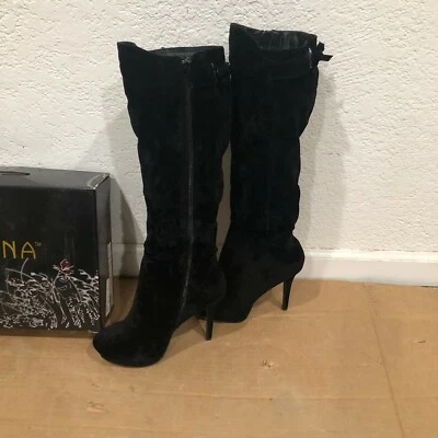 LILIANA WOMEN'S VELVET BOOTS BLACK HIGH KNEE STILETTO HEELL, Z0286 SIZE: US 10 - Image 1 of 4