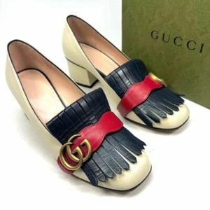 Mocasines de cuero con logotipo de Marmont GUCCI GG talla 36,5 rojo marfil tacón bloque en caja - Imagen 1 de 24