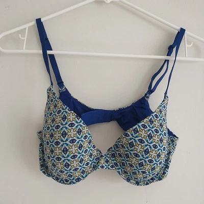 Victoria's Secret Uplift Semi Demi Bra 34B Blue Floral Geometric Logo Spell Out  - Image 1 of 4