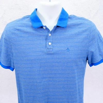 Penguin Heritage Slim Fit -Small- Blue Striped Knit Collared Polo Shirt - Image 1 of 4