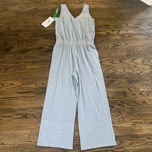Pact Organic Cotton Lounge Jumpsuit Sleeveless Wide Leg Blue Stripe Sz M NWT - Picture 1 of 12