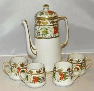 Japanese Tall Teapot & Cup Set White Red Purple Blue Flowers Floral Gold Trim - Picture 1 of 11