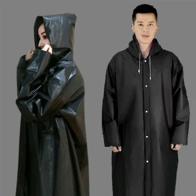 Women Men Waterproof PVC Raincoat Unisex Hooded Buttons Poncho Rainwear Coats - Image 1 of 4