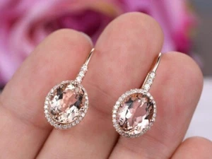 3Ct Oval Cut Lab-Created Morganite Diamond Dangle Earrings 14K Rose Gold Finish - Picture 1 of 5