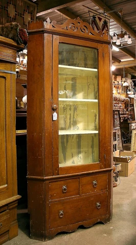 Primitive Pine Corner China Cabinet Cupboard Glass Door 3 Drawers Crown Antique Cover