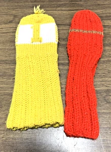 Vintage Knit Head Covers ~ One Red W/ 1 Gold Stripe, One Yellow W/ #1 - Picture 1 of 3