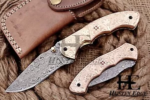 HUNTEX Custom Handmade Damascus 110 mm Long Camping Hunting Folding Pocket Knife - Picture 1 of 6