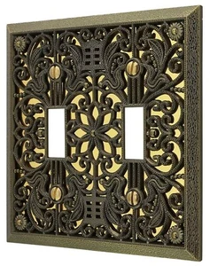 Vintage-Brass Antiqued Gold Metal Dual Toggle Light Switch Plate Wall Cover Deco - Picture 1 of 6