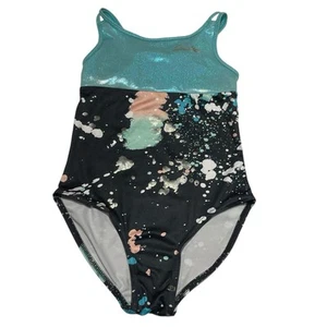 Justice Girls One Piece Dance Leotard Swimsuit Shimmery Blue Black Splatter 7/8 - Picture 1 of 5