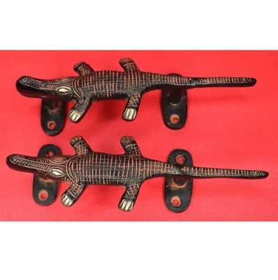 鳄鱼形状古董风格手工黄铜门把手家庭办公室装饰 — 第 1/4 张图片