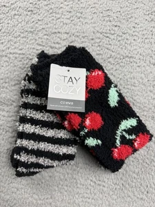 Stay Cozy Crew-Socken Damen Einheitsgröße 4-10 schwarz Kirsche gestreift flauschig 2 Paar - Bild 1 von 7