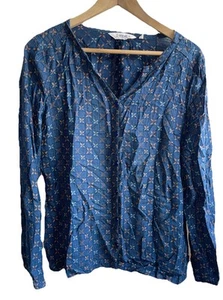 Seasalt size 14 patterned blue & brown collarless Semi Opaque Moorstone Blouse - Picture 1 of 11