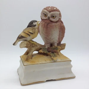 Vintage Handtuch feines Porzellan Eule & Küken am Baumglied Spieluhr funktioniert - Bild 1 von 5