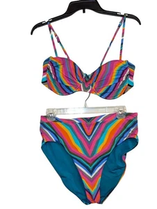 Trina Turk Colorful Striped Bikini Set With Padded Underwire Top & High-Waisted - Picture 1 of 6