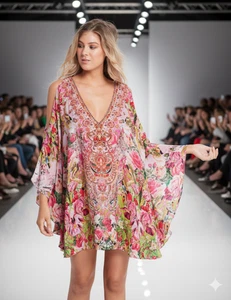CZARINA EVERY FLOWER BLOSSOMS KAFTAN DRESS SILK VISCOSE CRYSTALS ONE SIZE . - Foto 1 di 3